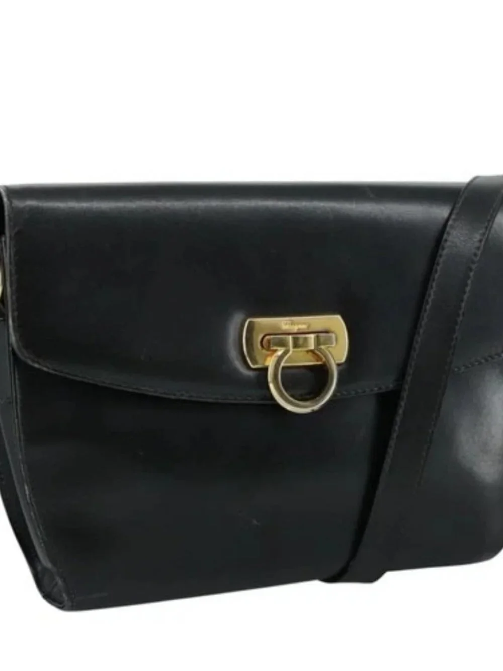 Salvatore Ferragamo Gancini Shoulder Bag Leather Black Auth 106734